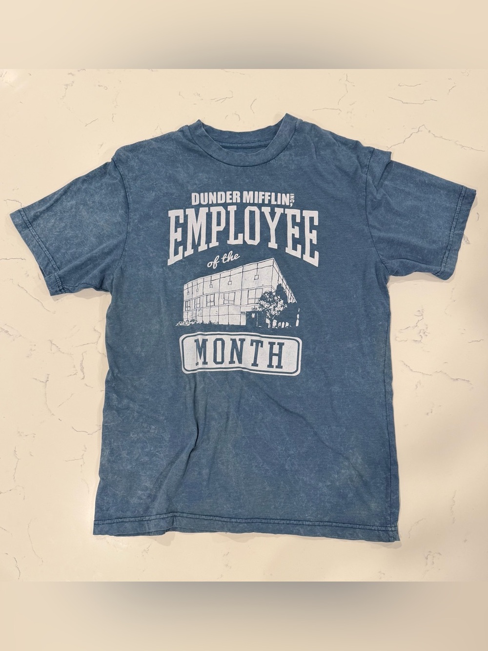 The Office Dunder Mifflin Employee of the Month Blue Mineral Wash Graphic Tee